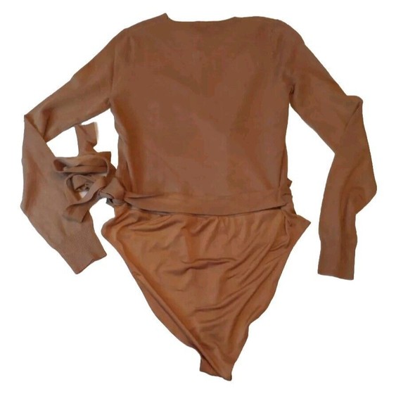 Olivaceous Lt Brown Soft Faux Wrap Bodysuit V Neck L Tie Lightweight Sweater - Picture 3 of 8